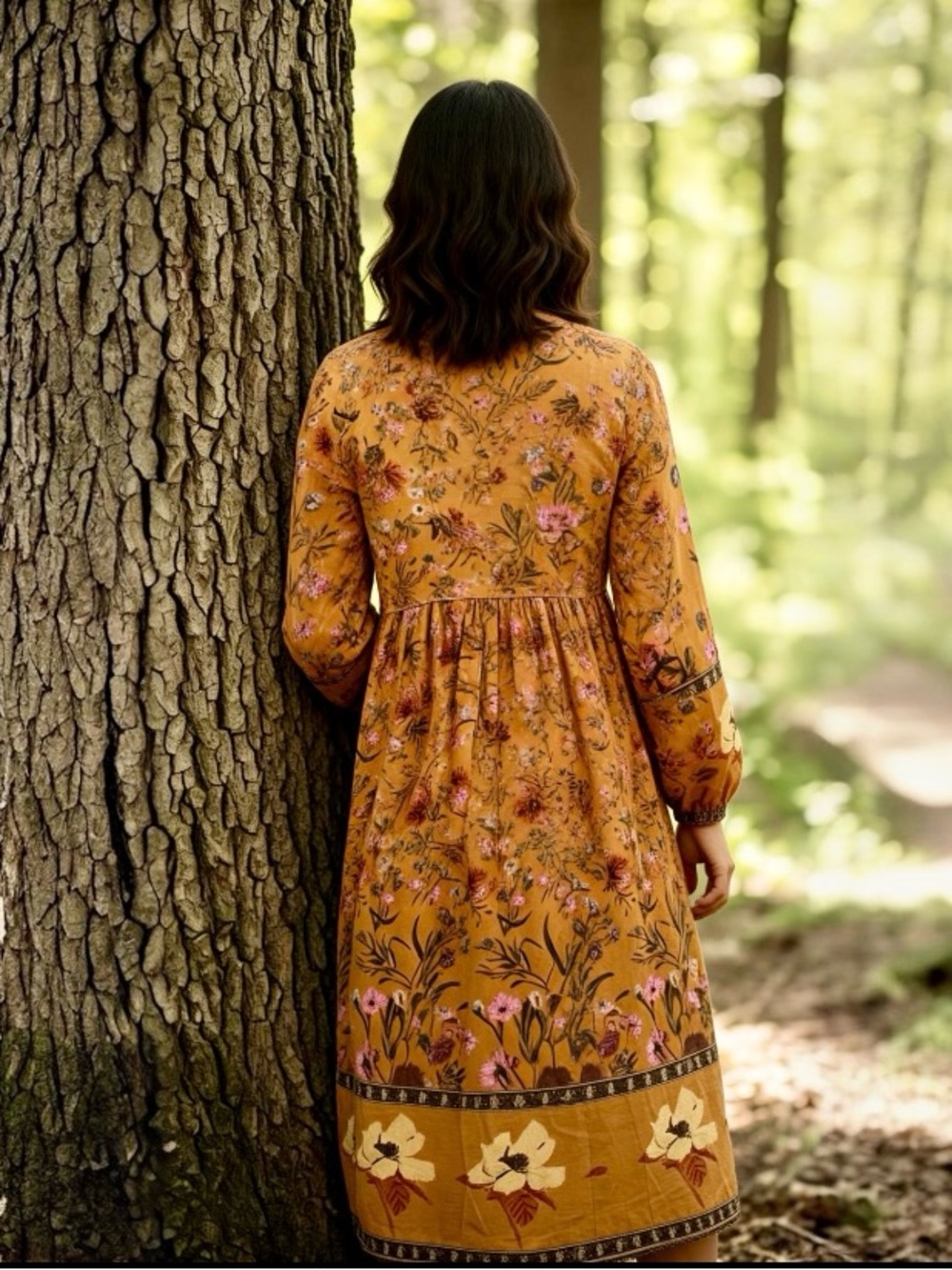 R. Vivimos Dijon Mustard Long Sleeve Floral Print Retro Tassel Bohemian Dress - Picture 8 of 9